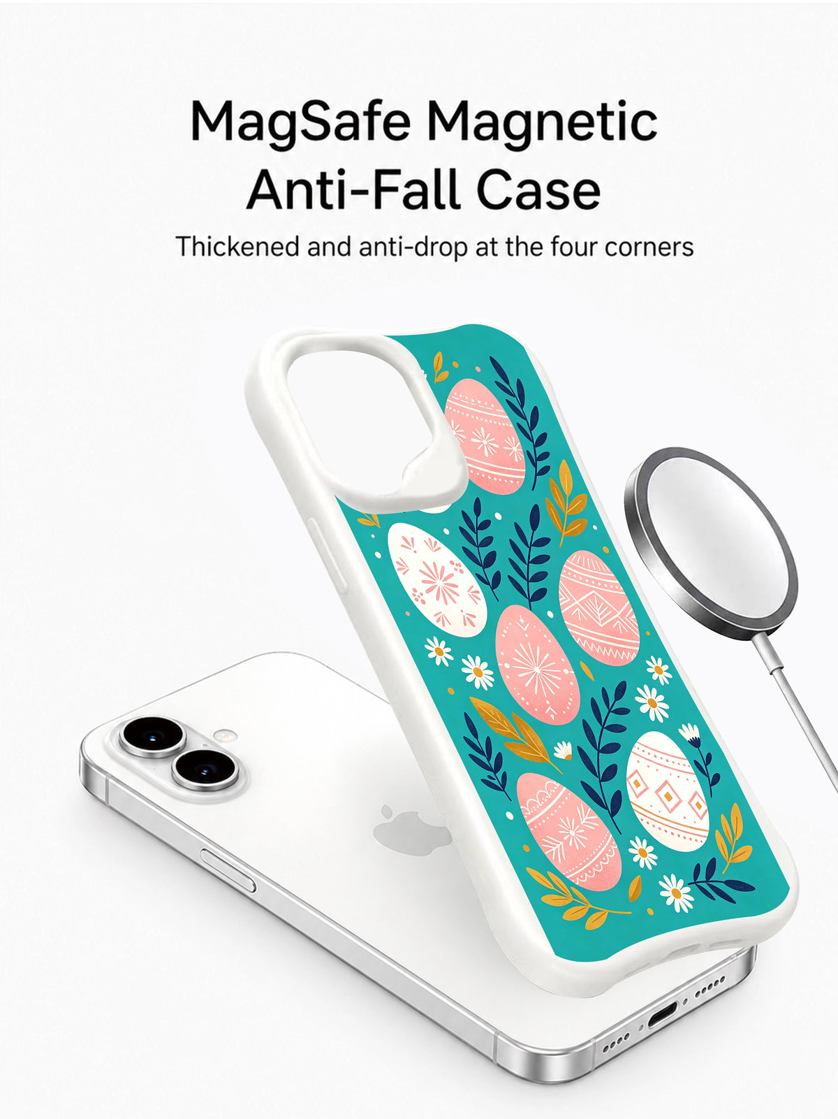 Velvet Dawn Eggs: Illustrated case separated from a phone beside a circular charging puck.