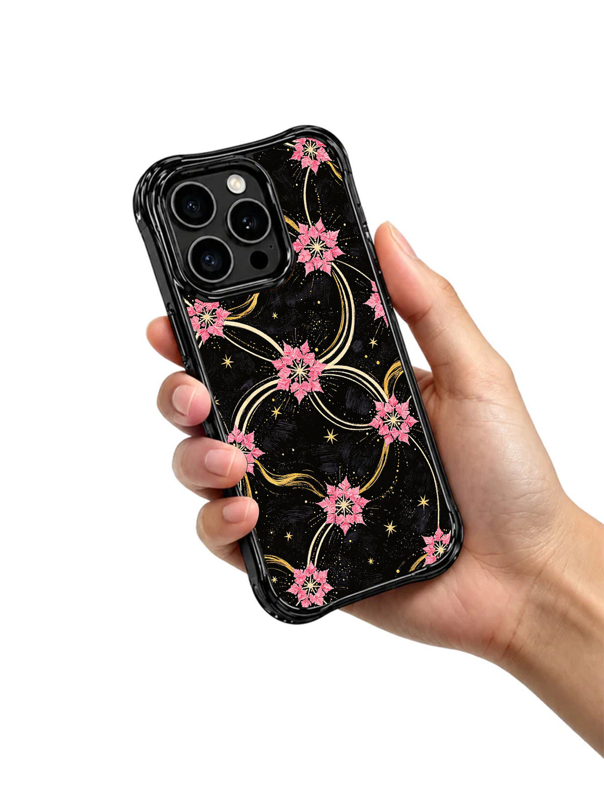 Velvet Midnight Garden black and pink floral iPhone case held in hand