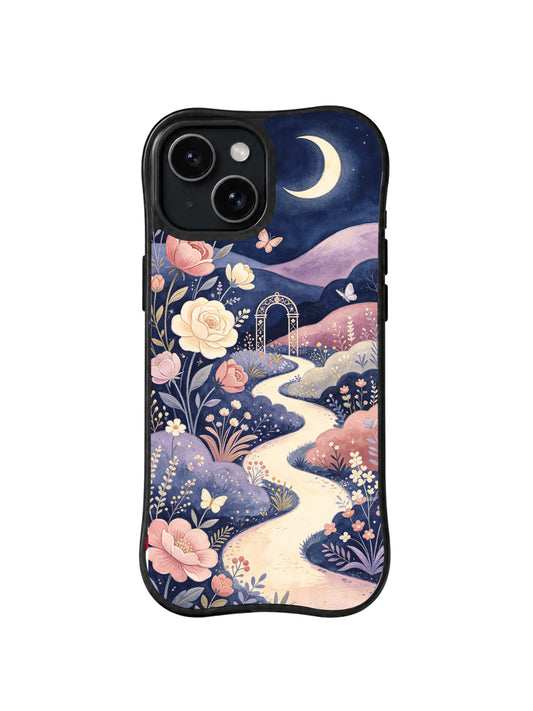 Velvet Moon Archway: A moonlit path winds through roses toward a small arch.