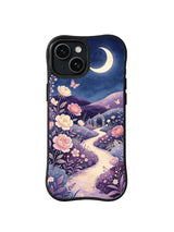 Lavender Moon Meadow: A crescent moon lights lavender hills, roses and a pale path.