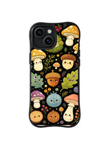 Midnight Acorn Reading Room: Large smiling mushrooms, acorns, leaves and forest characters overlap on black.