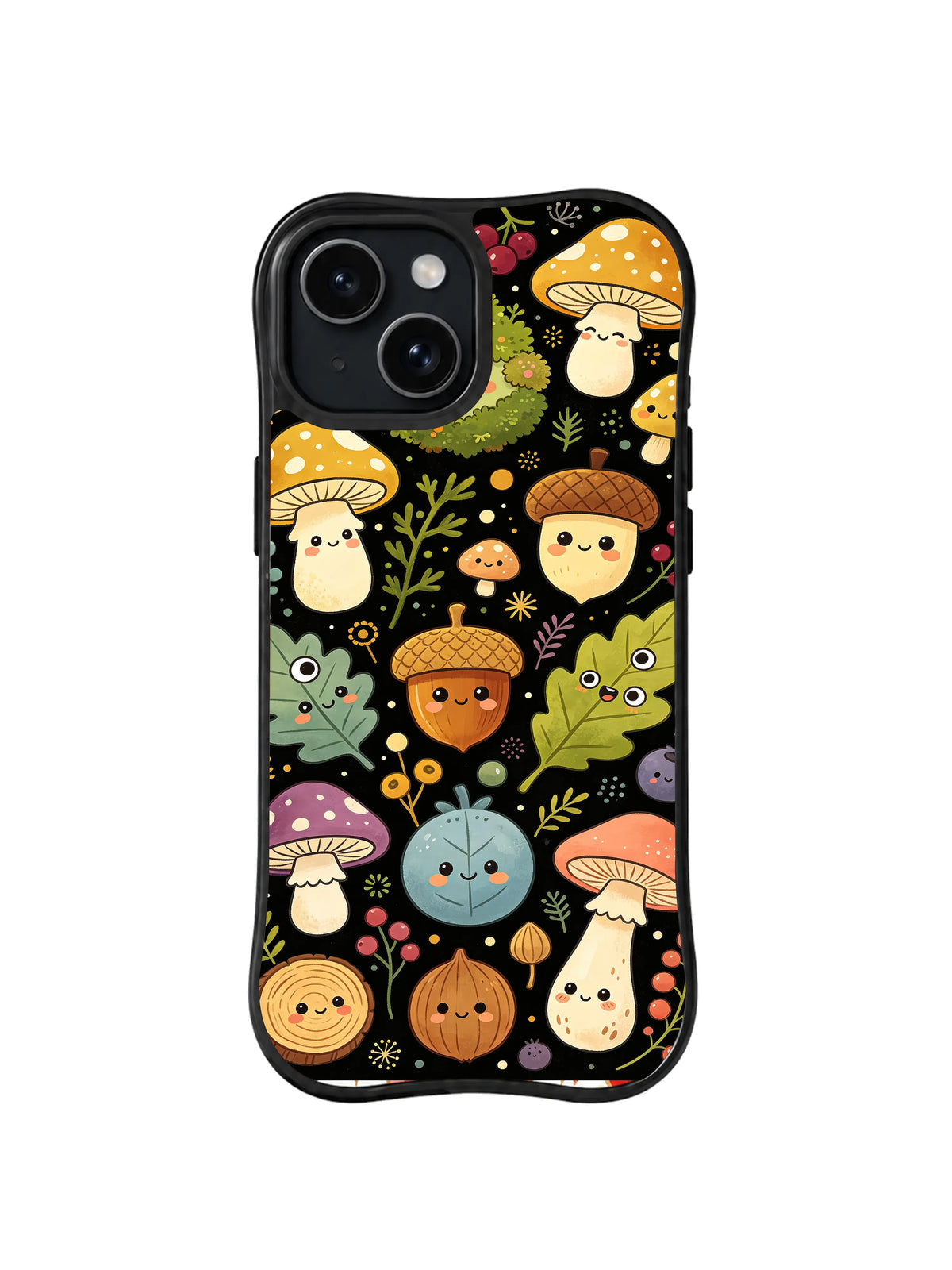 Midnight Acorn Reading Room: Large smiling mushrooms, acorns, leaves and forest characters overlap on black.