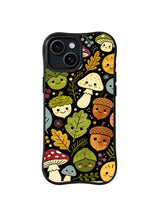 Forest Secret Society: Smiling mushrooms, acorns and leafy characters in moss, gold and muted pastels gather on black.