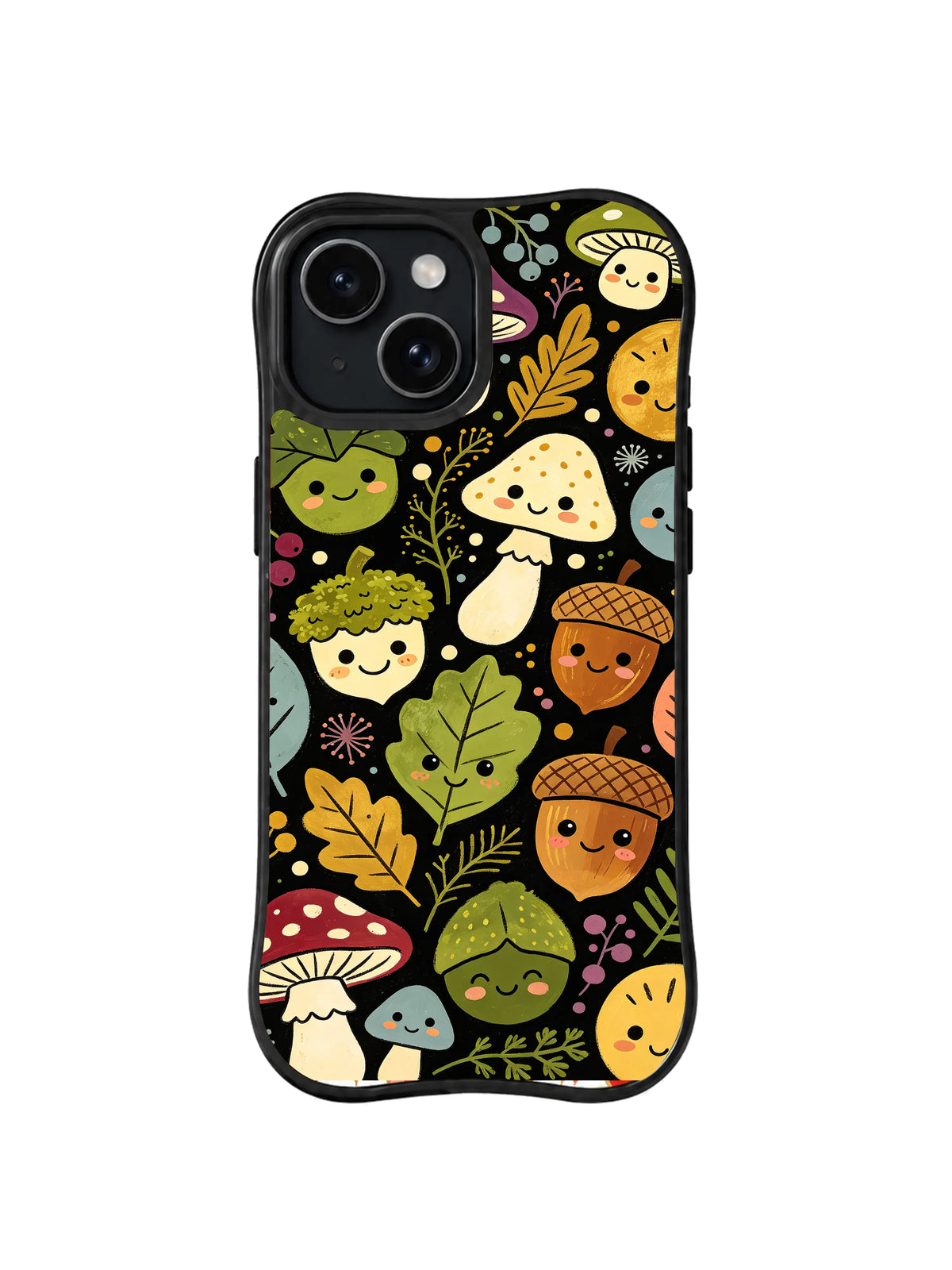 Forest Secret Society: Smiling mushrooms, acorns and leafy characters in moss, gold and muted pastels gather on black.
