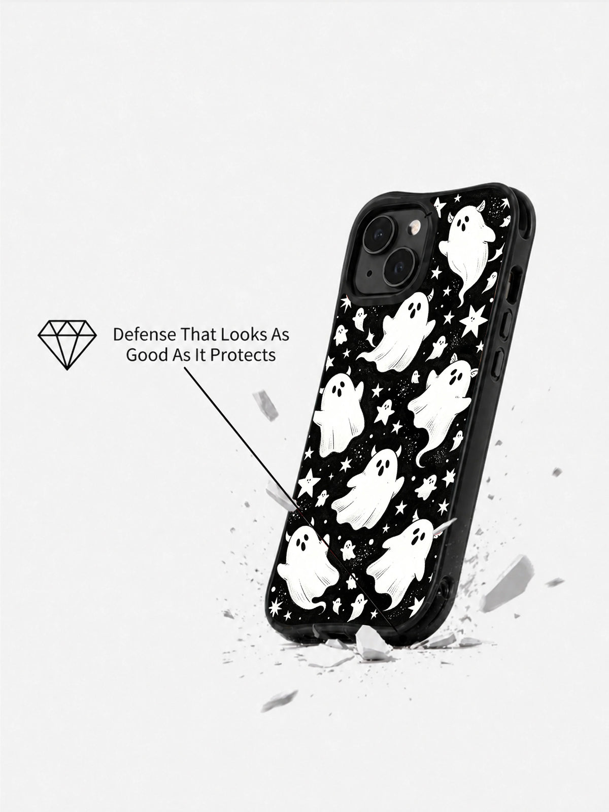 Velvet Night Companions iPhone 15 Plus case in angled product display
