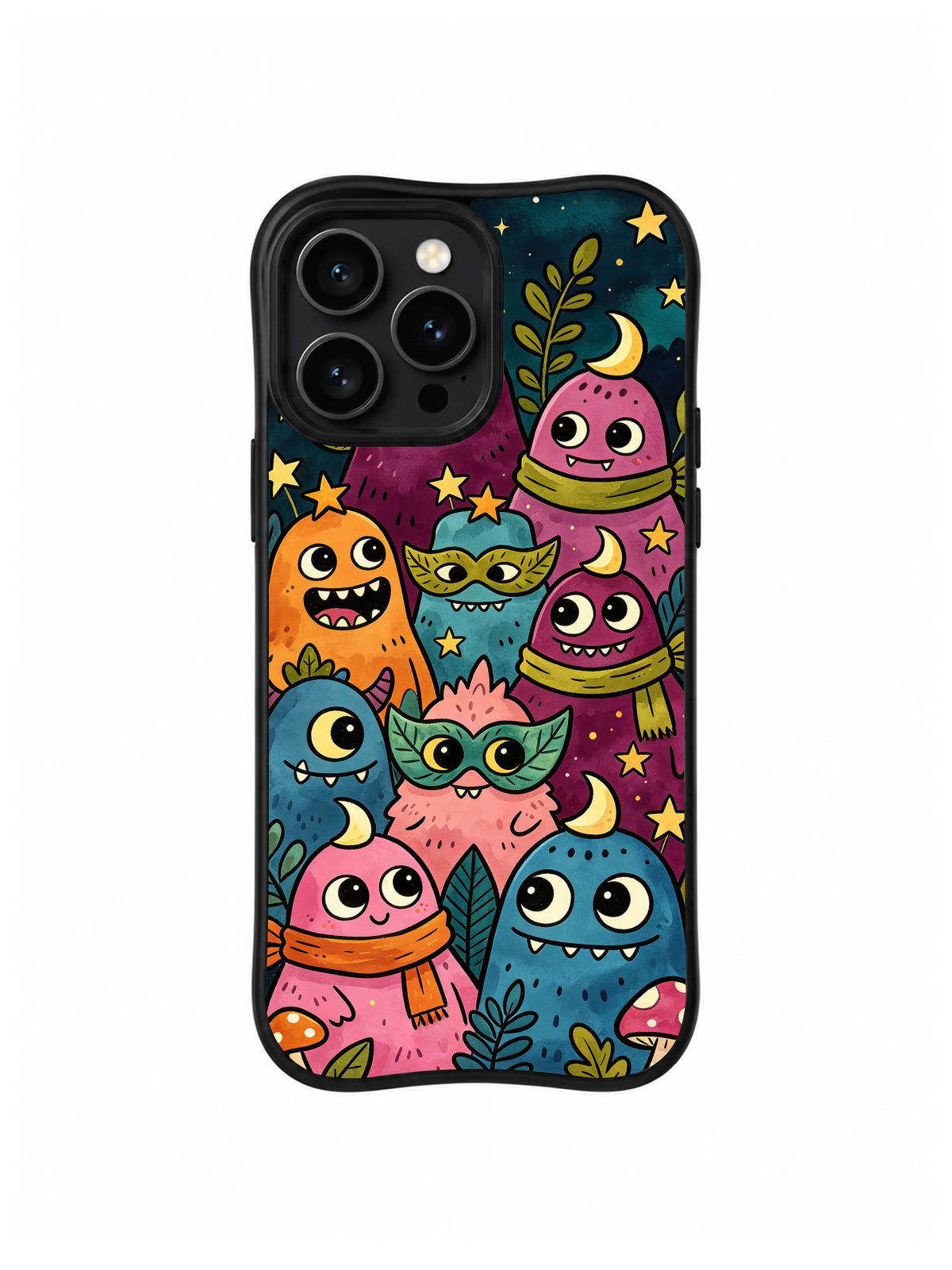 Masquerade Moon Friends: Masked and scarf-wearing creatures gather beneath small stars.