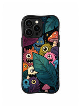 Midnight Mushroom Hideout: Bright monsters peek through dark leaves and mushrooms.