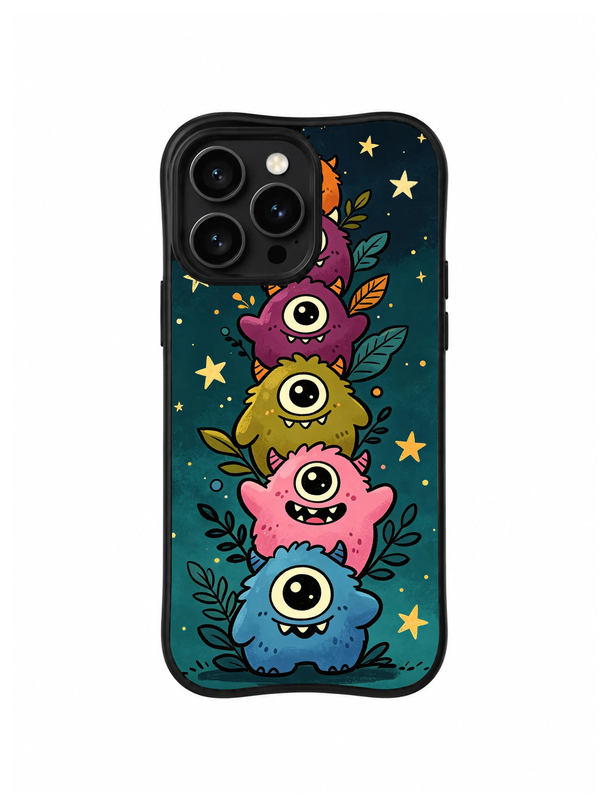 Teal Star Totem: Four one-eyed creatures stack vertically among stars and leaves.