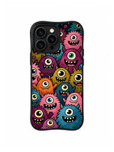 Velvet Cyclops Crowd: Colorful one-eyed furry creatures crowd a black background.