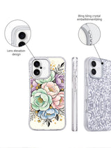 Rhinestone camera frame pastel floral iPhone 17 case detail