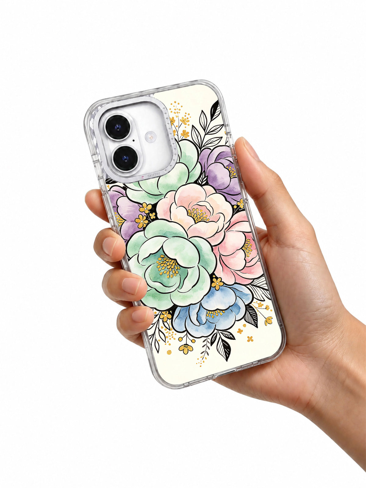 Pastel flower art iPhone 17 case held in hand