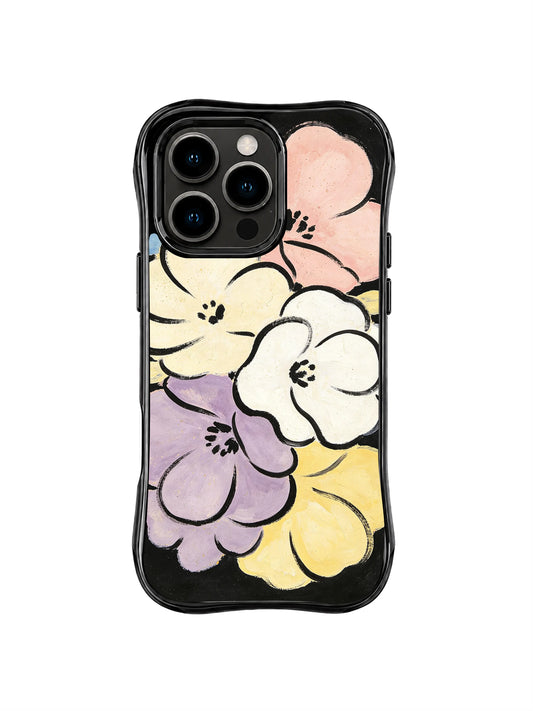 Velvet Pastel Petal Stack: Oversized cream, blush, lavender and yellow flowers stack across a black field.