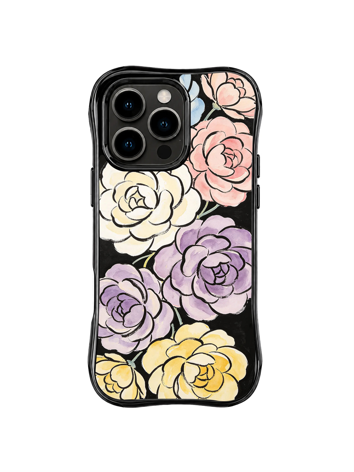 Midnight Rose Garden: Rose-like cream, pink, lavender and yellow blooms form vertical groups on black.