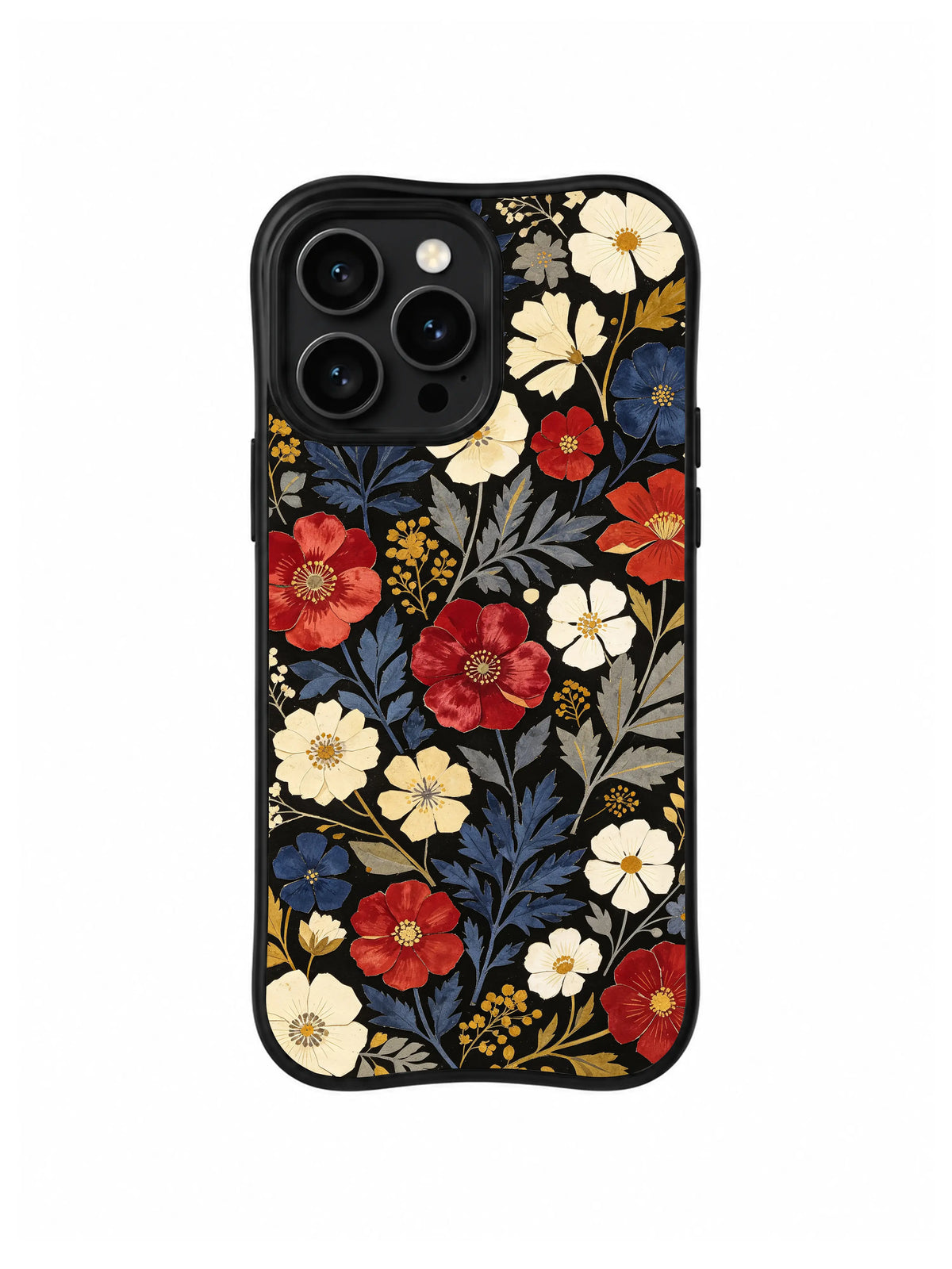 Dark Garden Mosaic: Red and ivory flowers form a dense mosaic with gold details on black.