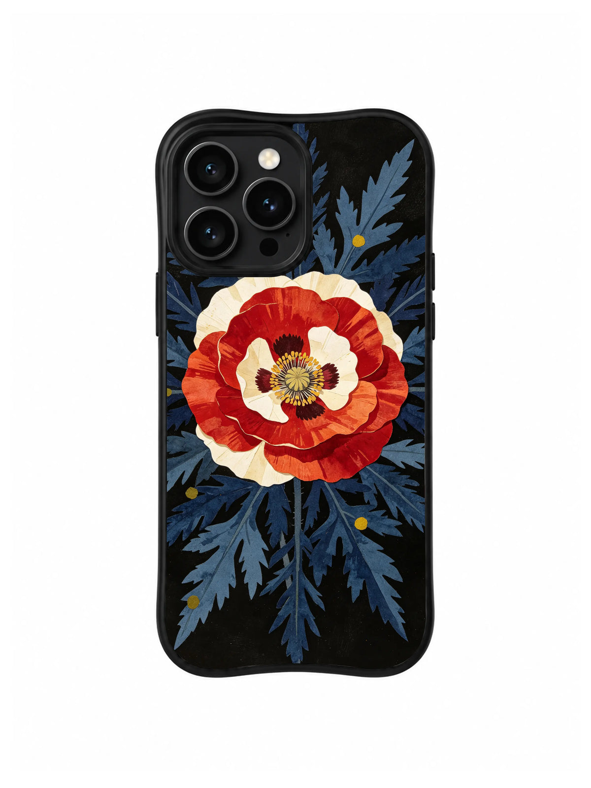 Velvet Crimson Poppy Emblem: Red poppies and a small ivory flower rise through blue foliage on black.