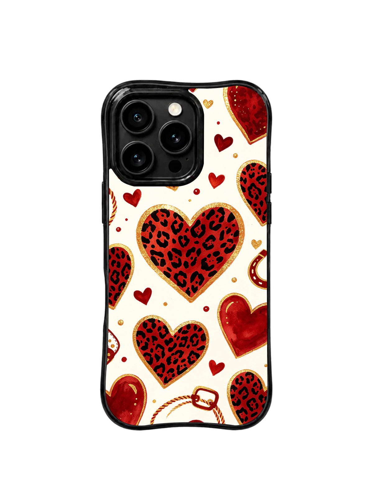 Rodeo Leopard Hearts kırmızı siyah krem ve altın renkli Batı temalı kalp desenli iPhone kılıfı