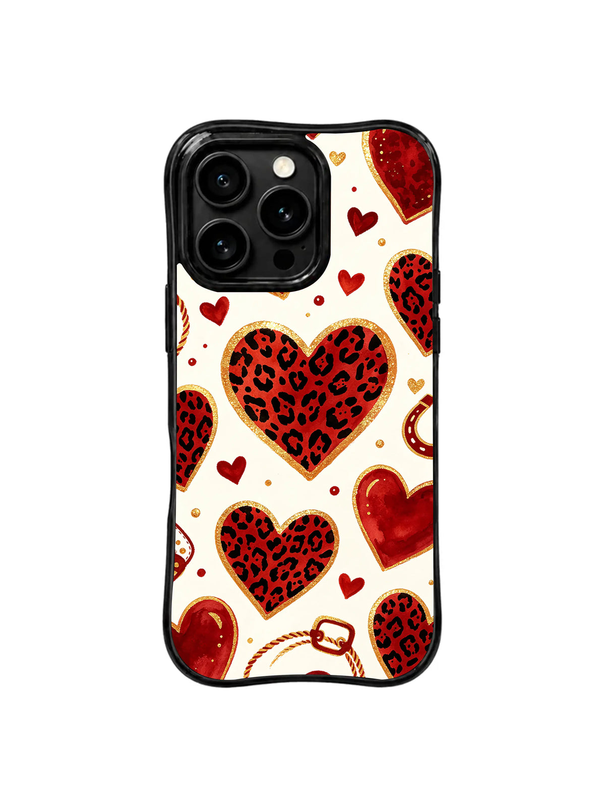 Rodeo Leopard Hearts kırmızı siyah krem ve altın renkli Batı temalı kalp desenli iPhone kılıfı