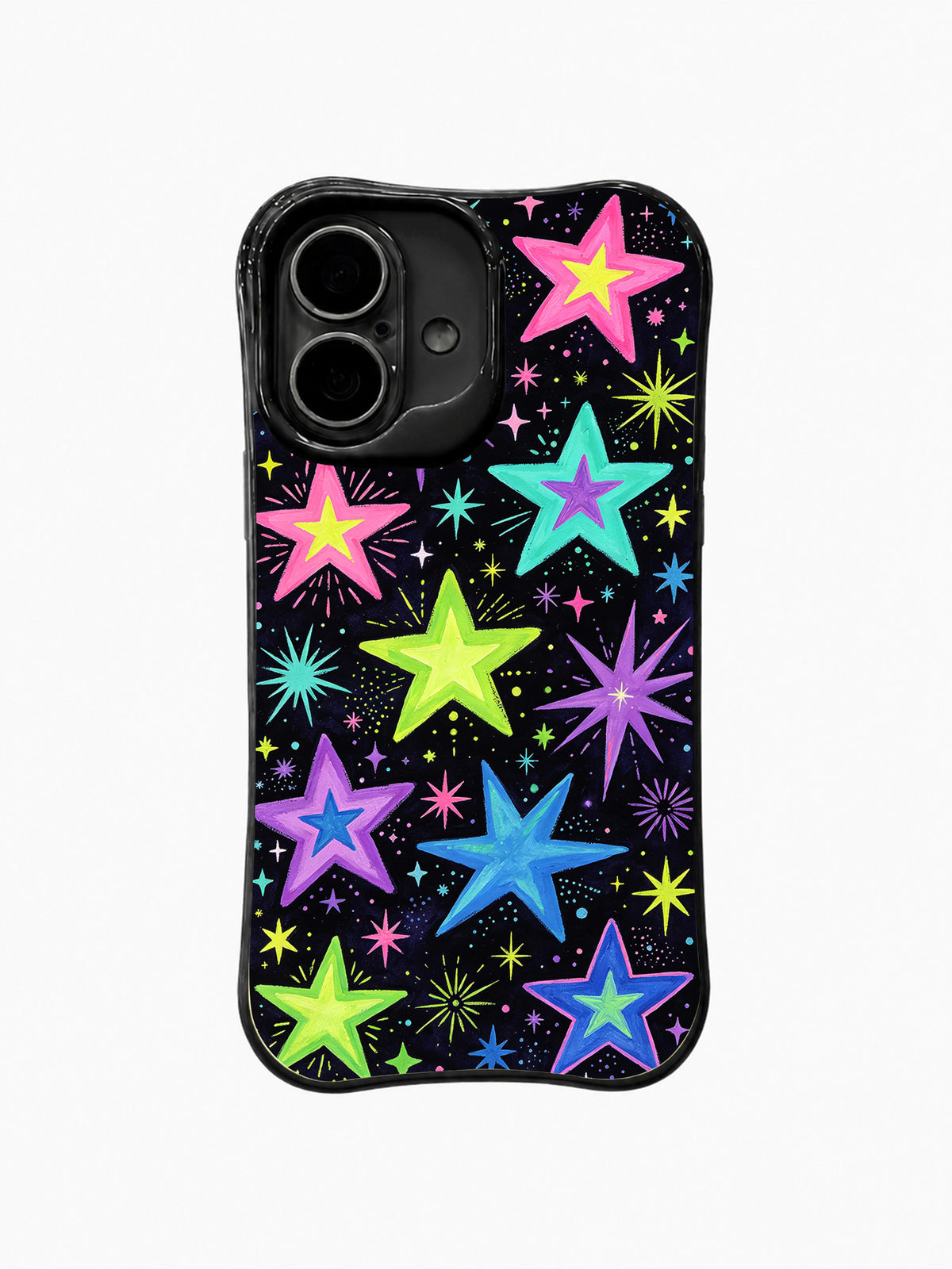 Velvet Star Scatter: Large solid and outlined neon stars mix with small radial sparks on black.