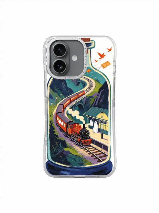 Vermilion Farewell Express ghost train artwork on an iPhone case by Vesper Holloway