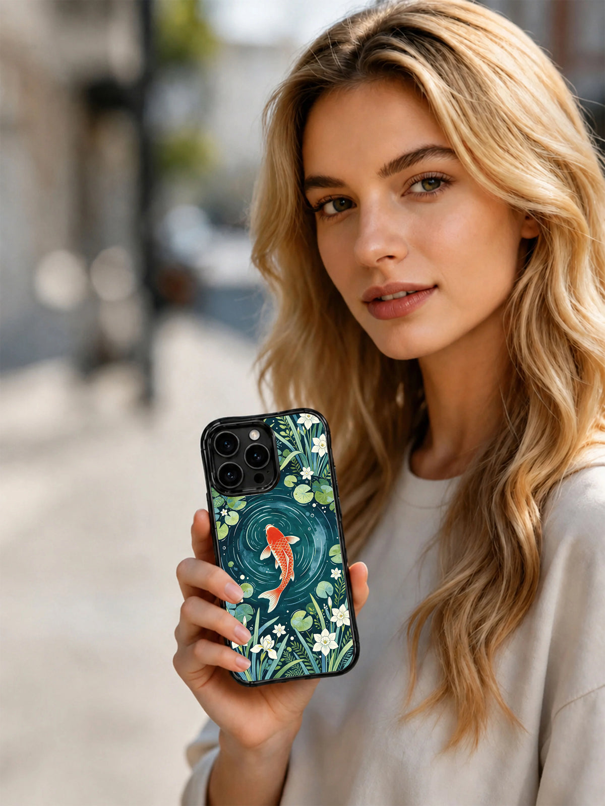Vermilion koi phone case lifestyle portrait
