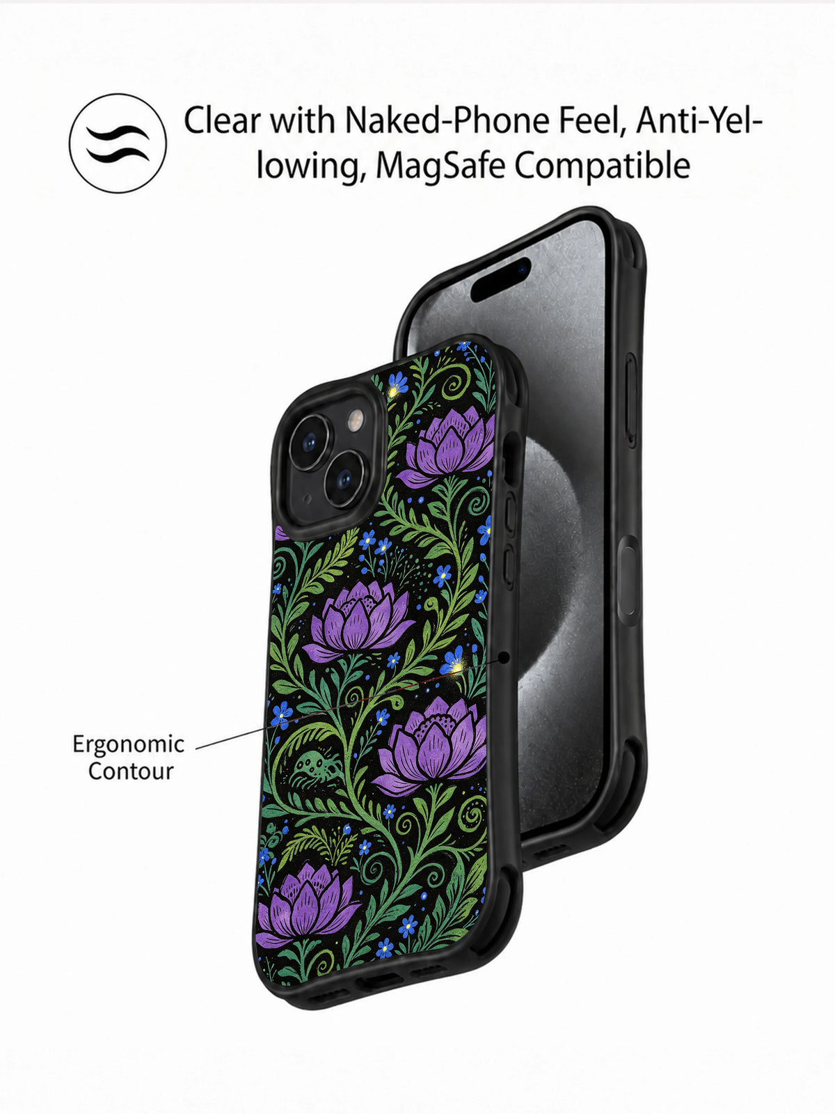 Purple Shadow Garden iPhone 15 Plus case protective design detail