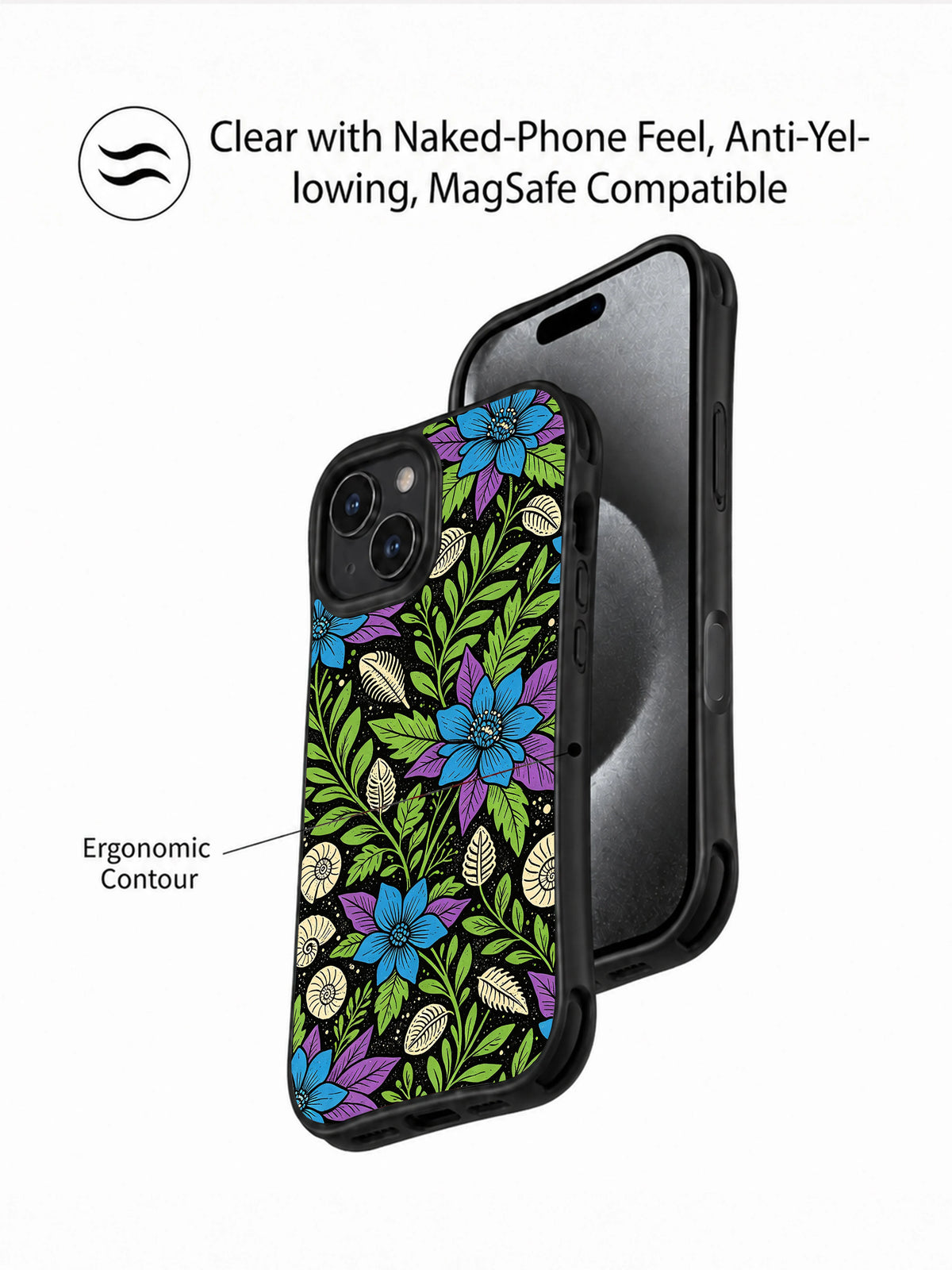 Blue Flower Relics iPhone 15 Plus case construction view