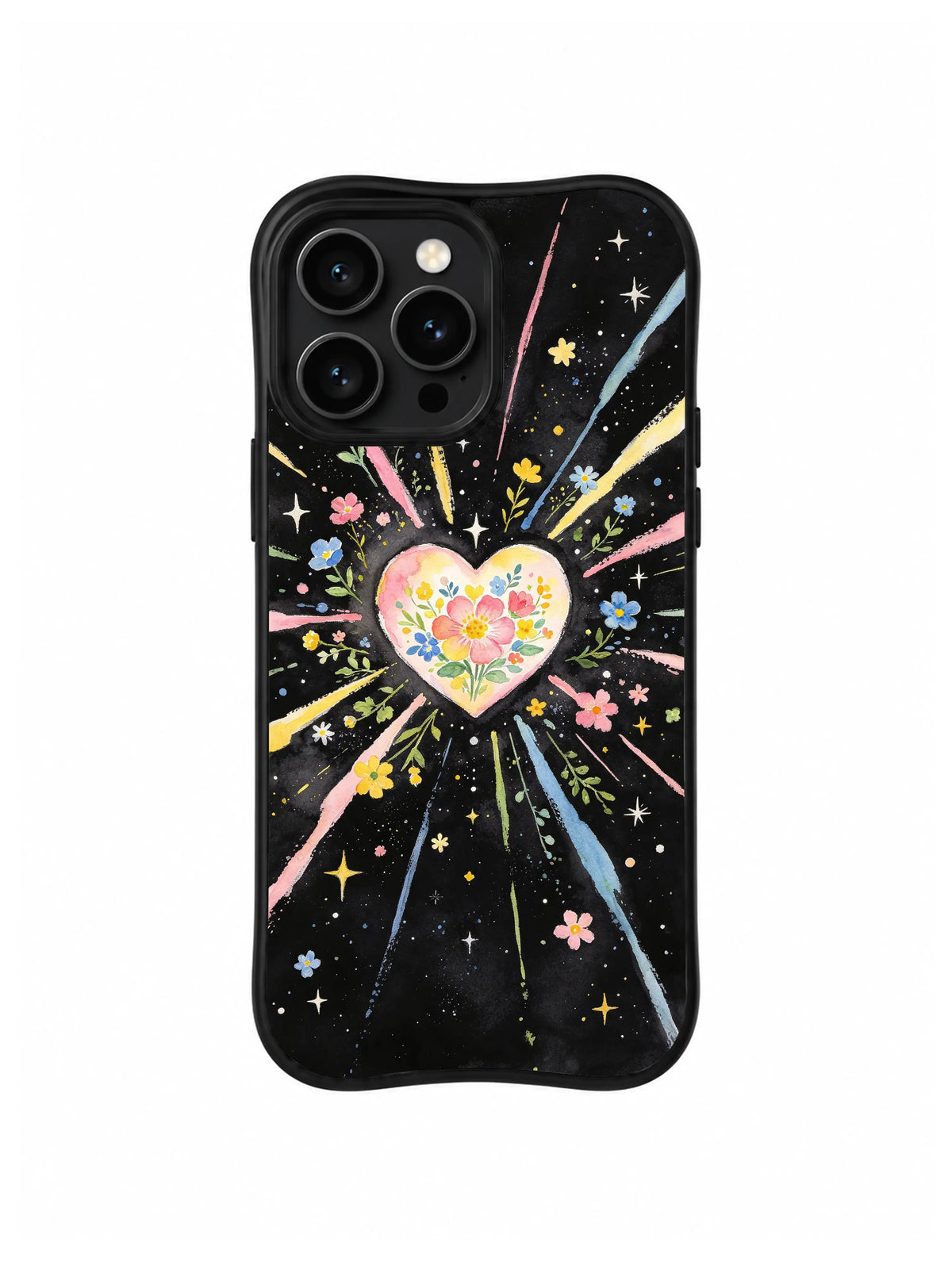 Blooming Universe Heart / Garden Heartburst: Siyah zeminde sarı merkez çiçekli küçük açık kalp ve uzun pembe, mavi, sarı ışınlar.