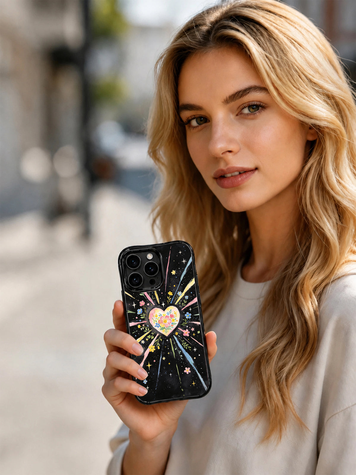Blooming Universe Heart: Açık havada desenli kılıfı tutan kişi.