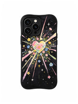 Blooming Universe Heart / Pink Bloom Galaxy: İnce yapraklı dallar ve pastel ışınlar arasında çiçeklerle dolu daha büyük pembe kenarlı kalp.