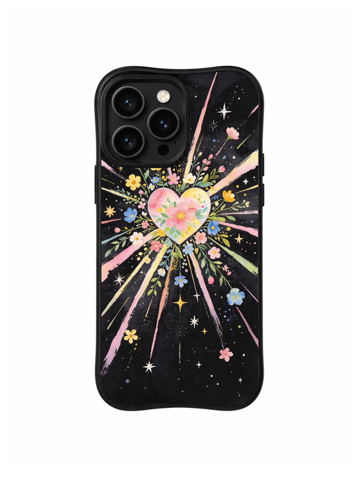 Blooming Universe Heart / Pink Bloom Galaxy: İnce yapraklı dallar ve pastel ışınlar arasında çiçeklerle dolu daha büyük pembe kenarlı kalp.