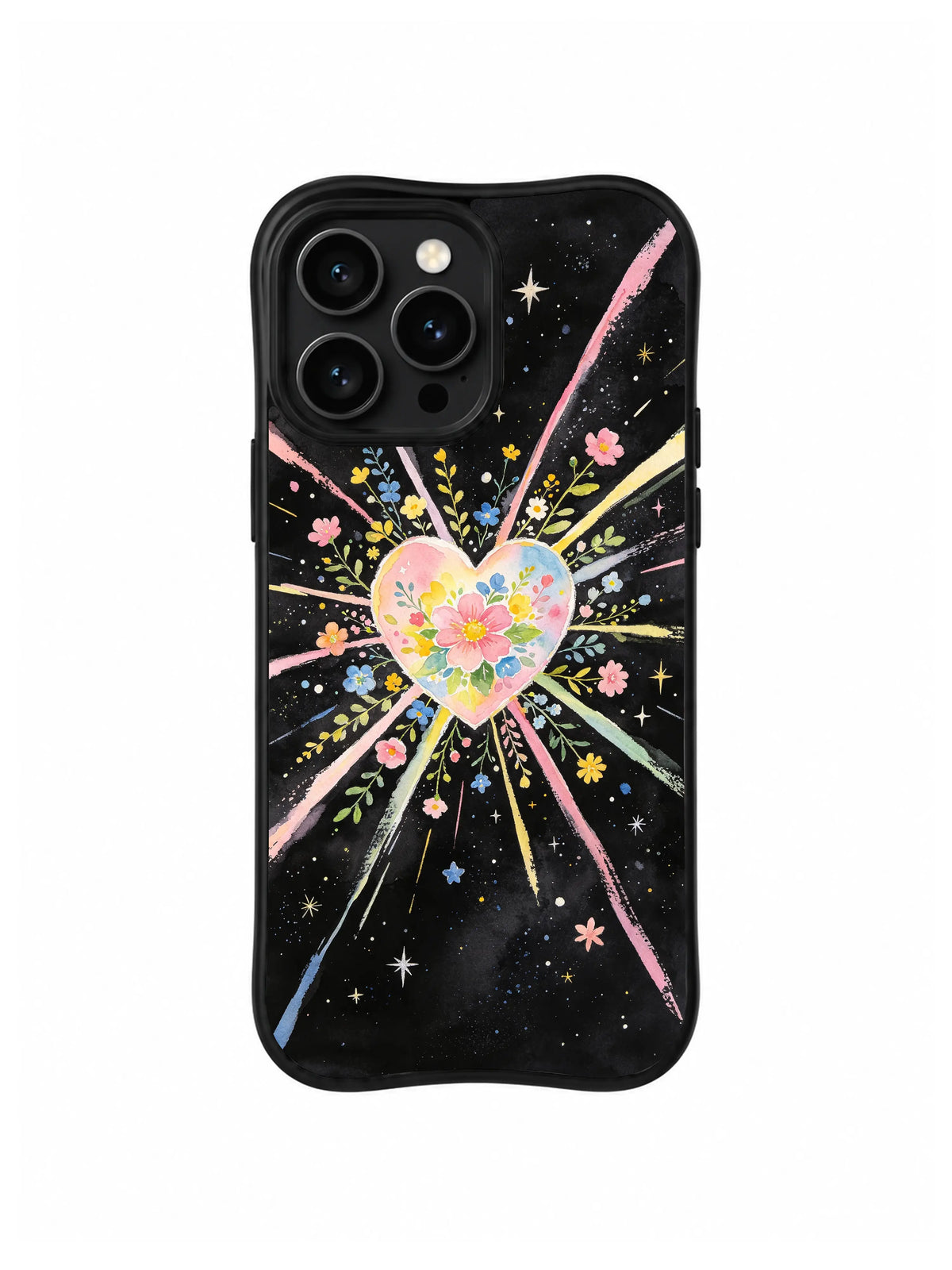 Blooming Universe Heart / Pastel Floral Nova: Uzun çapraz pembe-mavi ışınlar ve küçük yıldız işaretleriyle sık çiçek dolu kalp.