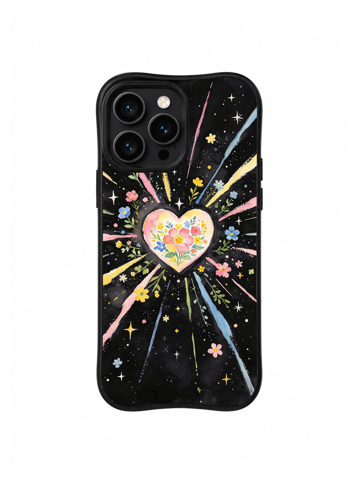 Blooming Universe Heart: Ek arka görünüm: Siyah zeminde sarı merkez çiçekli küçük açık kalp ve uzun pembe, mavi, sarı ışınlar.