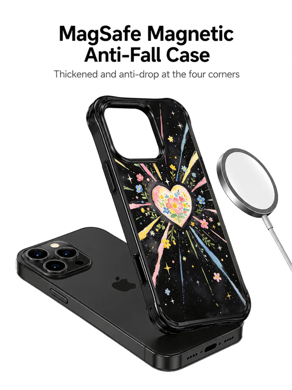 Blooming Universe Heart: Yuvarlak şarj aygıtının yanında telefondan ayrı gösterilen desenli kılıf.