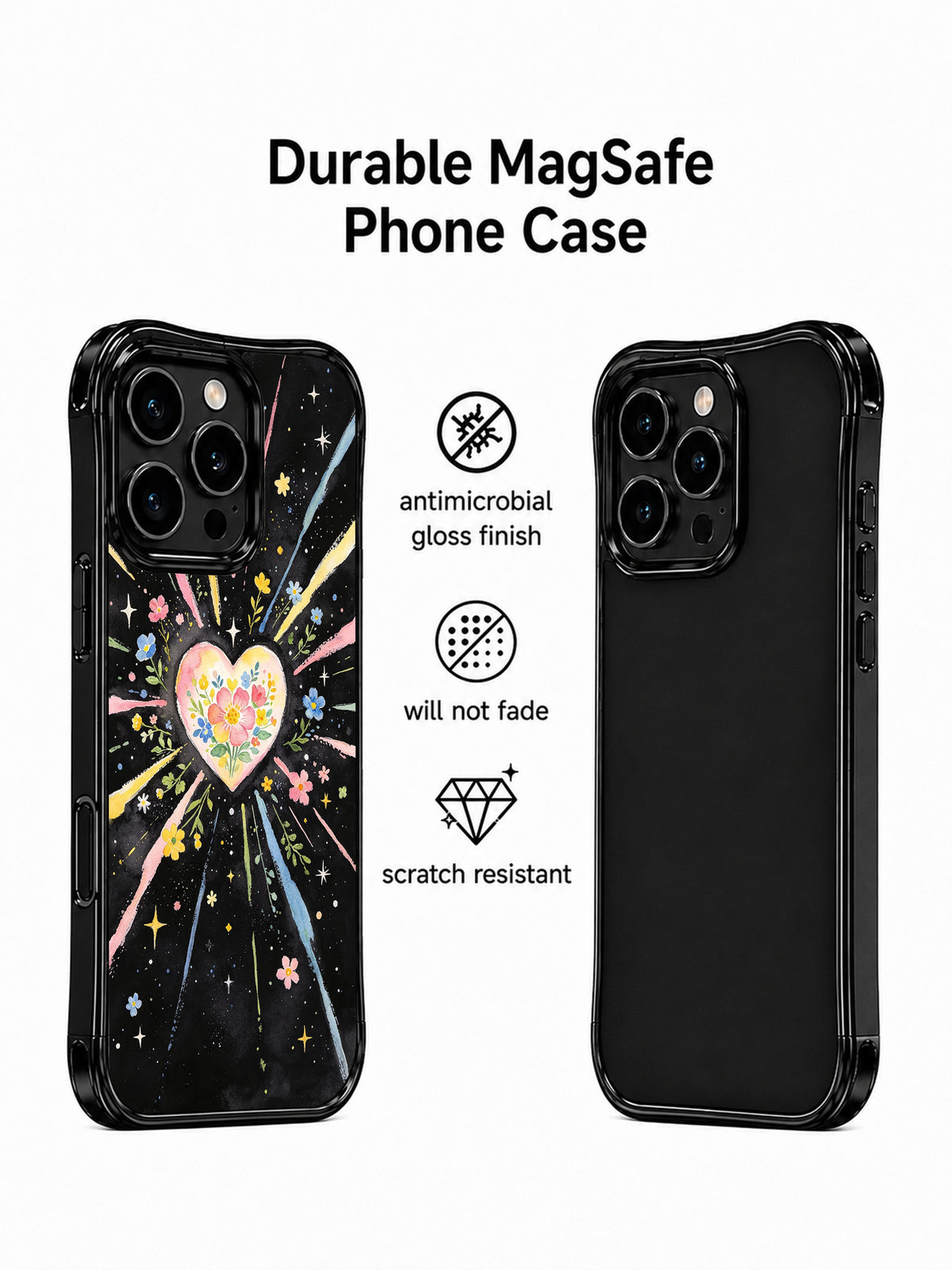 Blooming Universe Heart: Tanıtım düzeninde ikinci arka görünümün yanında desenli kılıf.