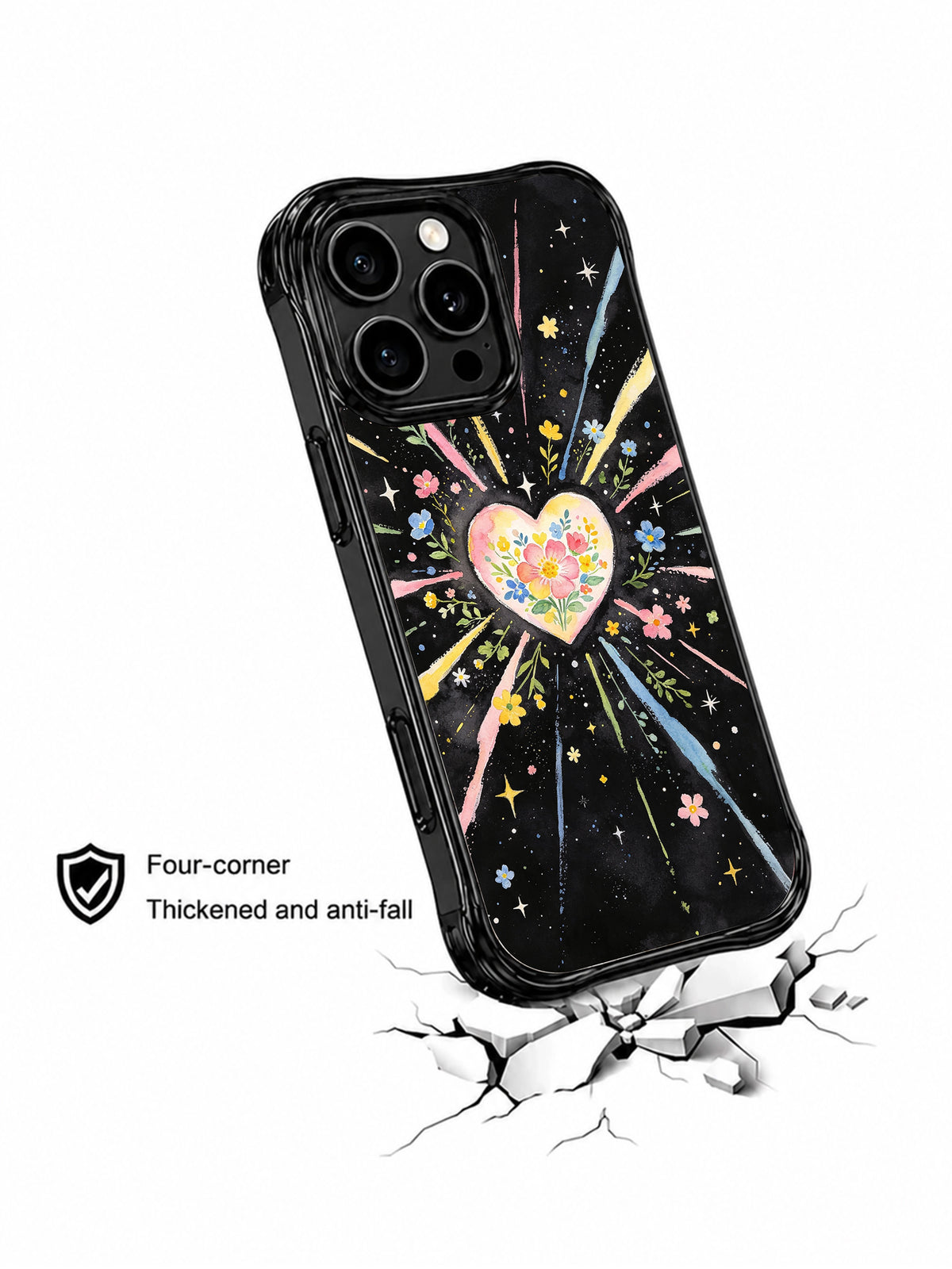 Blooming Universe Heart: Çatlak yüzey çiziminin üzerinde açılı gösterilen desenli kılıf.