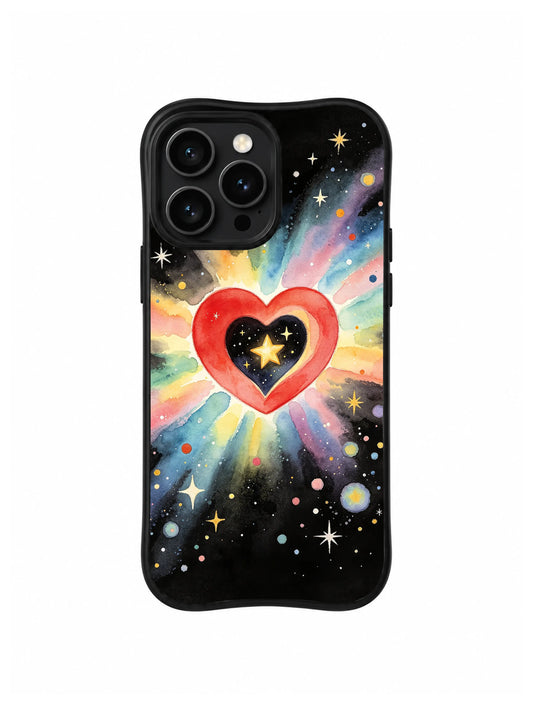 Brave Little Star Heart / Brave Star in My Heart: A red heart outline enclosing a gold star, surrounded by a soft multicolored burst on black.