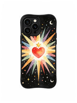 Brave Little Star Heart / Radiant Heart Beacon: A small red heart beneath a gold star inside long straight pastel rays with little crescent moons.