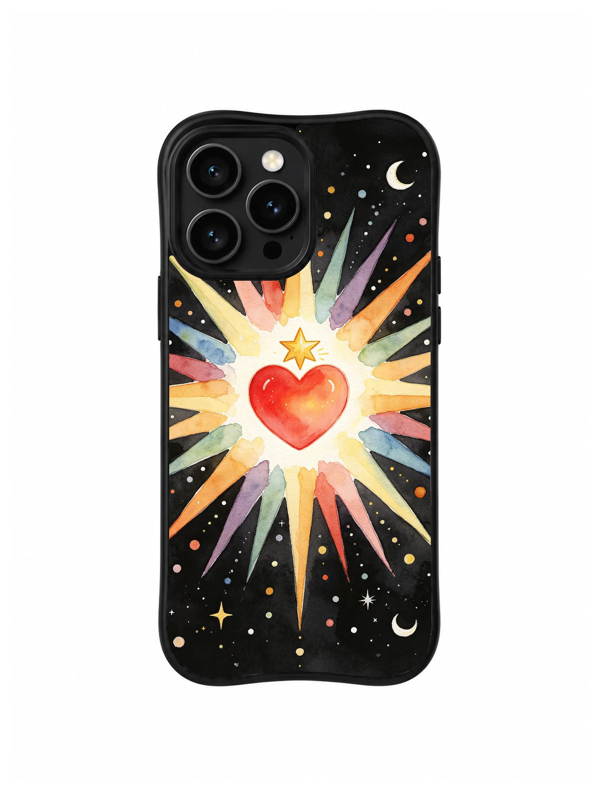Brave Little Star Heart / Radiant Heart Beacon: A small red heart beneath a gold star inside long straight pastel rays with little crescent moons.