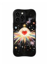 Brave Little Star Heart / Cosmic Heart Horizon: A red heart inside a pale dome topped by a gold star above a wide rainbow horizon.