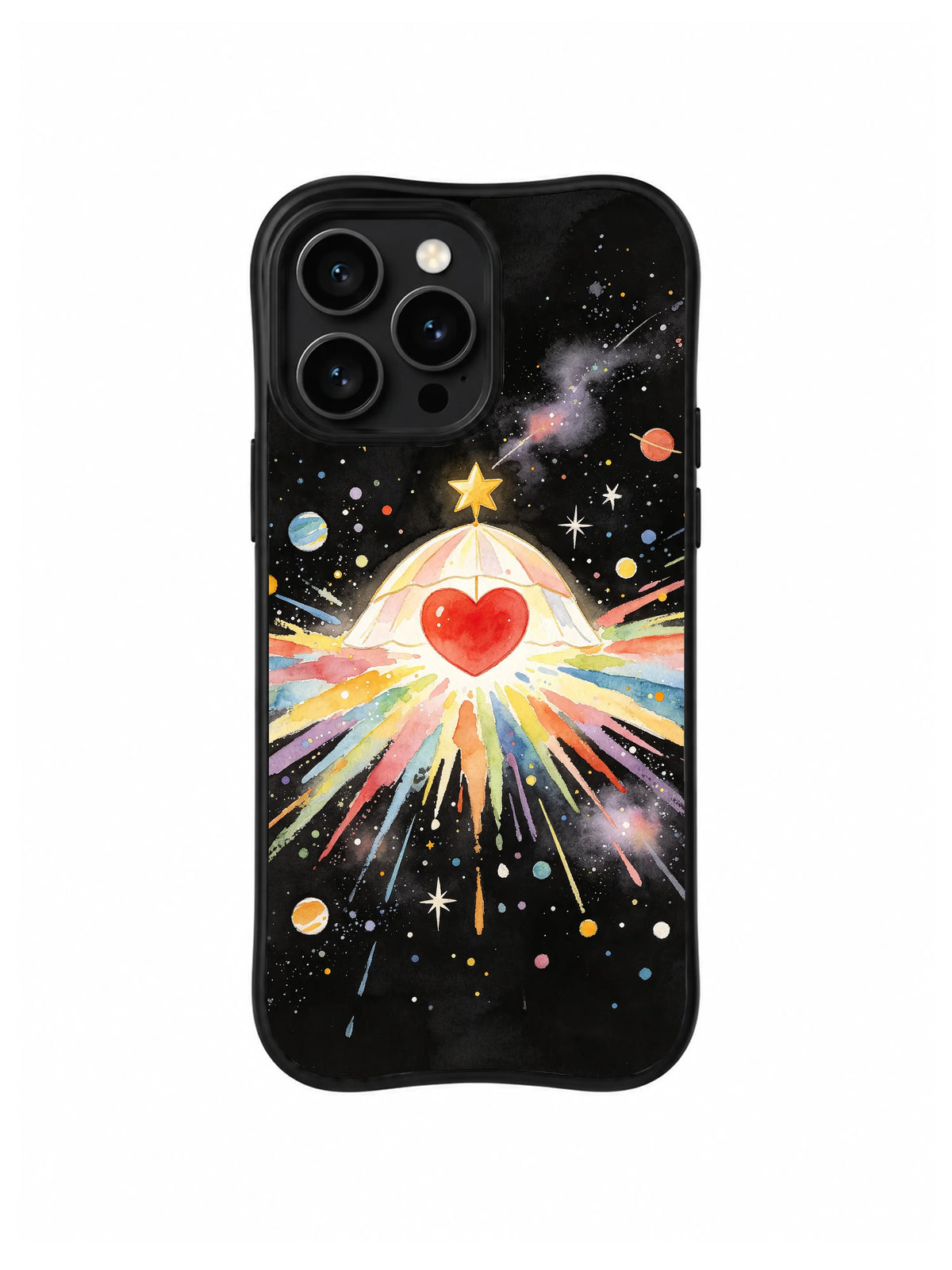 Brave Little Star Heart / Cosmic Heart Horizon: A red heart inside a pale dome topped by a gold star above a wide rainbow horizon.