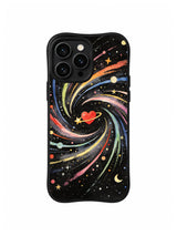 Brave Little Star Heart / Spiral Galaxy Heart: A small red heart at the center of a spiral of colored trails, planets and scattered stars.