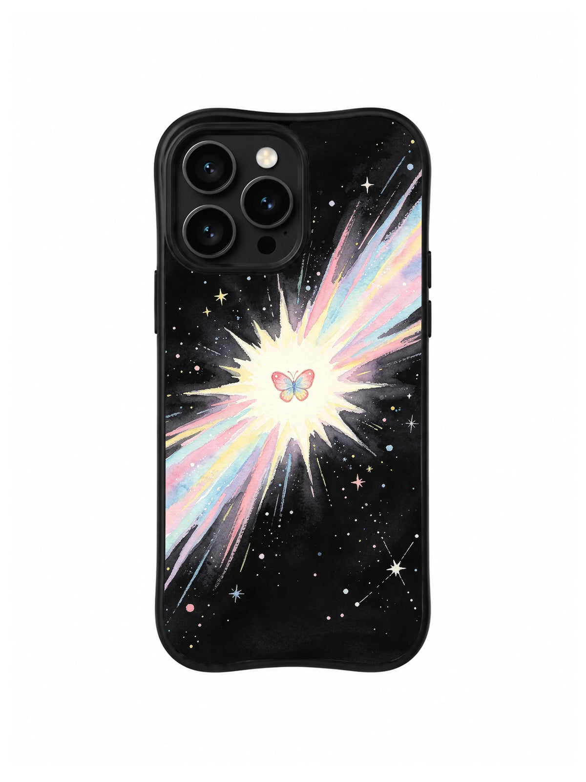 Butterfly Heartburst: A tiny butterfly sits in a bright white burst, with diagonal pastel trails crossing behind it.