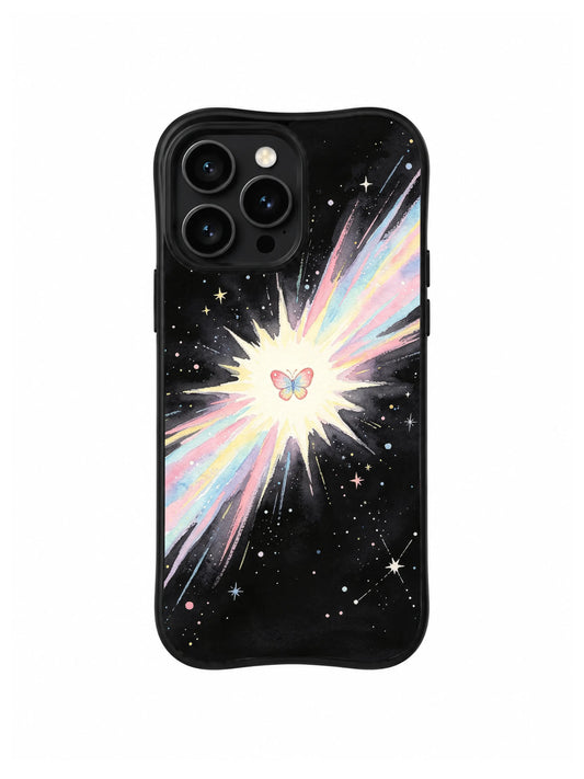 Butterfly Heartburst: A tiny butterfly sits in a bright white burst, with diagonal pastel trails crossing behind it.