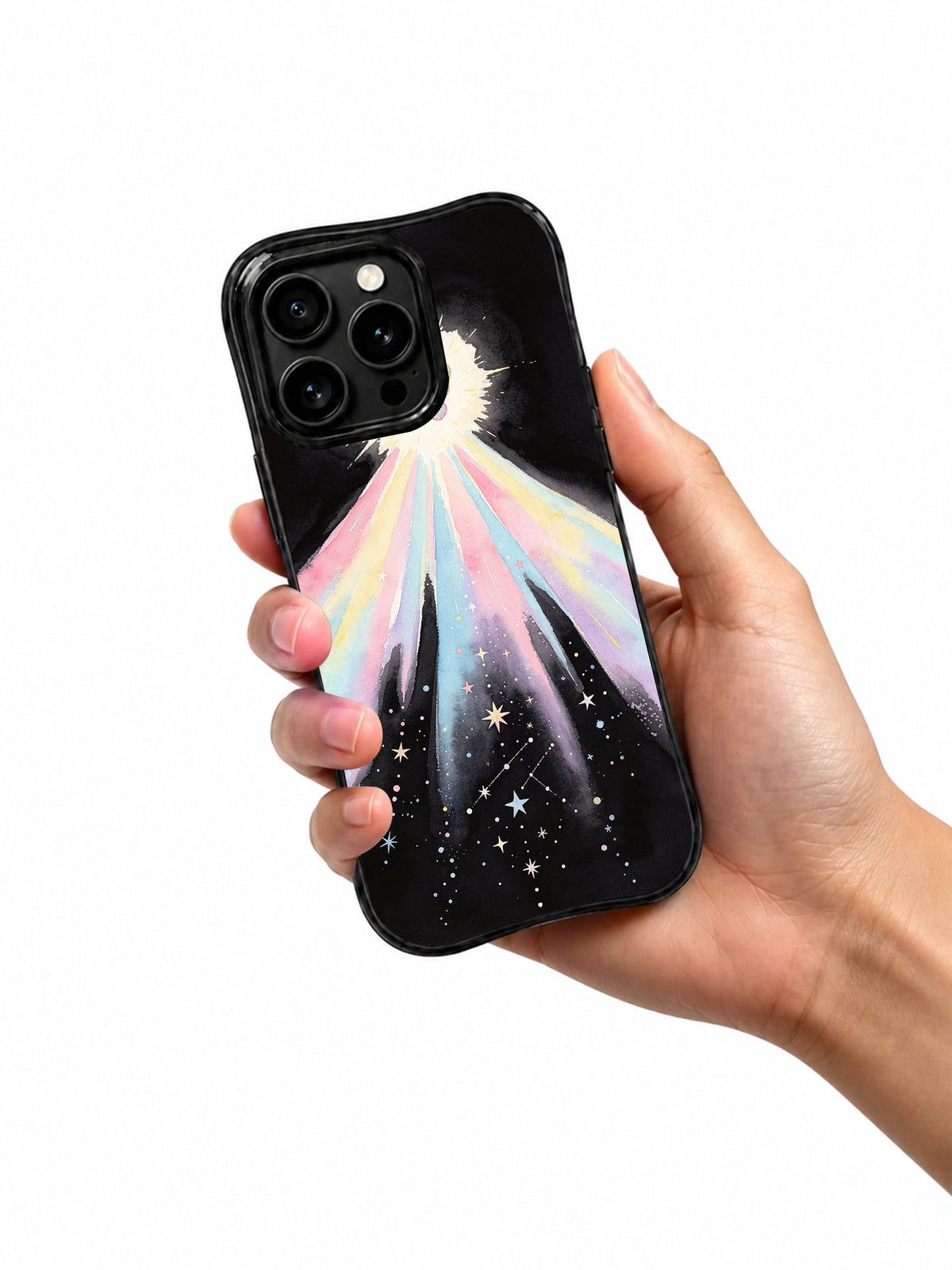 Hand holding the featured Butterfly Heart Constellation case