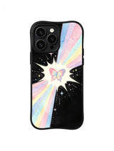 Rainbow Wing Crossing: A small butterfly sits in a white burst where four broad pastel paths cross.