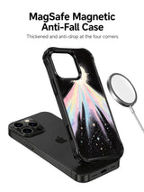 Angled case beside a magnetic-ring illustration with charging and anti-fall claims