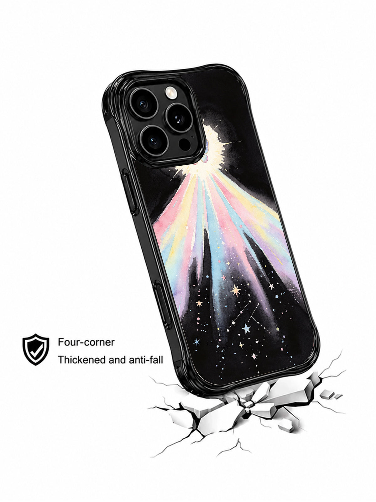 Angled case above a cracked-surface illustration with anti-fall claim