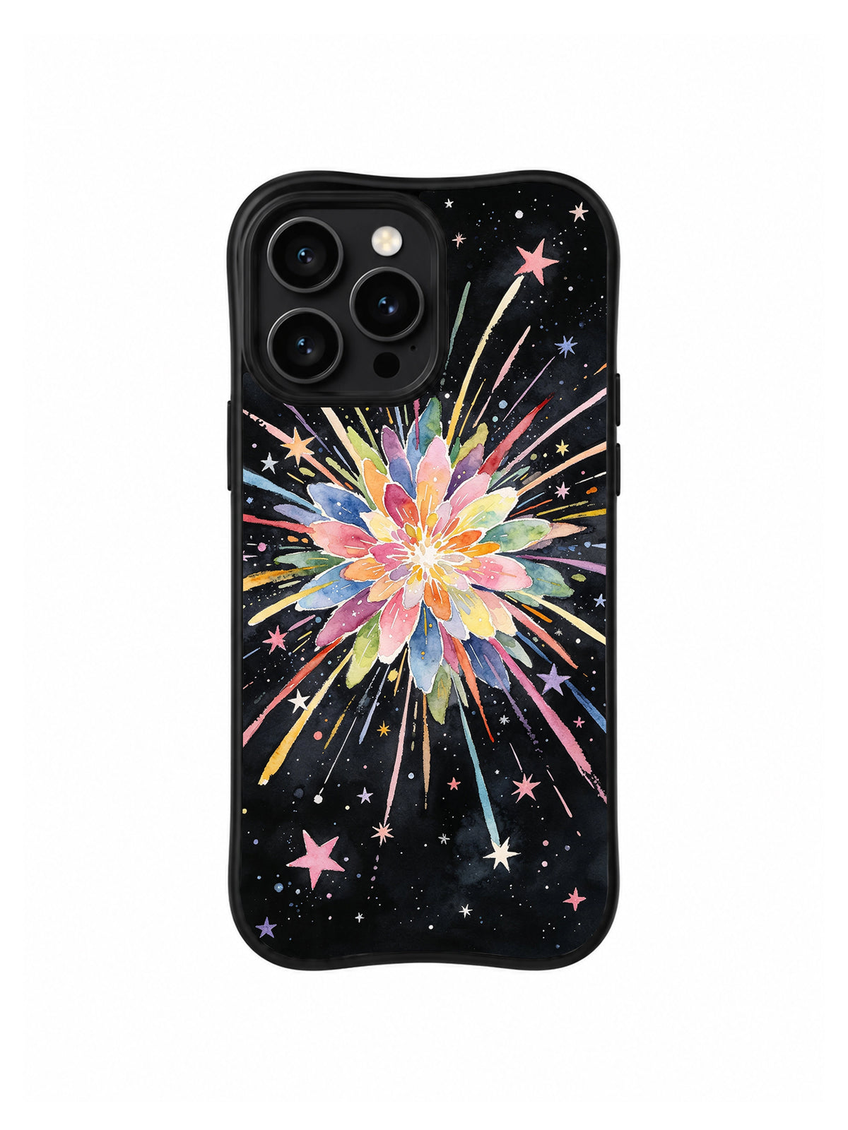 Cosmic Flower Explosion: Ek arka görünüm: Sarı-beyaz merkezin çevresinde çok sayıda ince ışın ve pembe yıldızla sık katmanlı pastel çiçek.