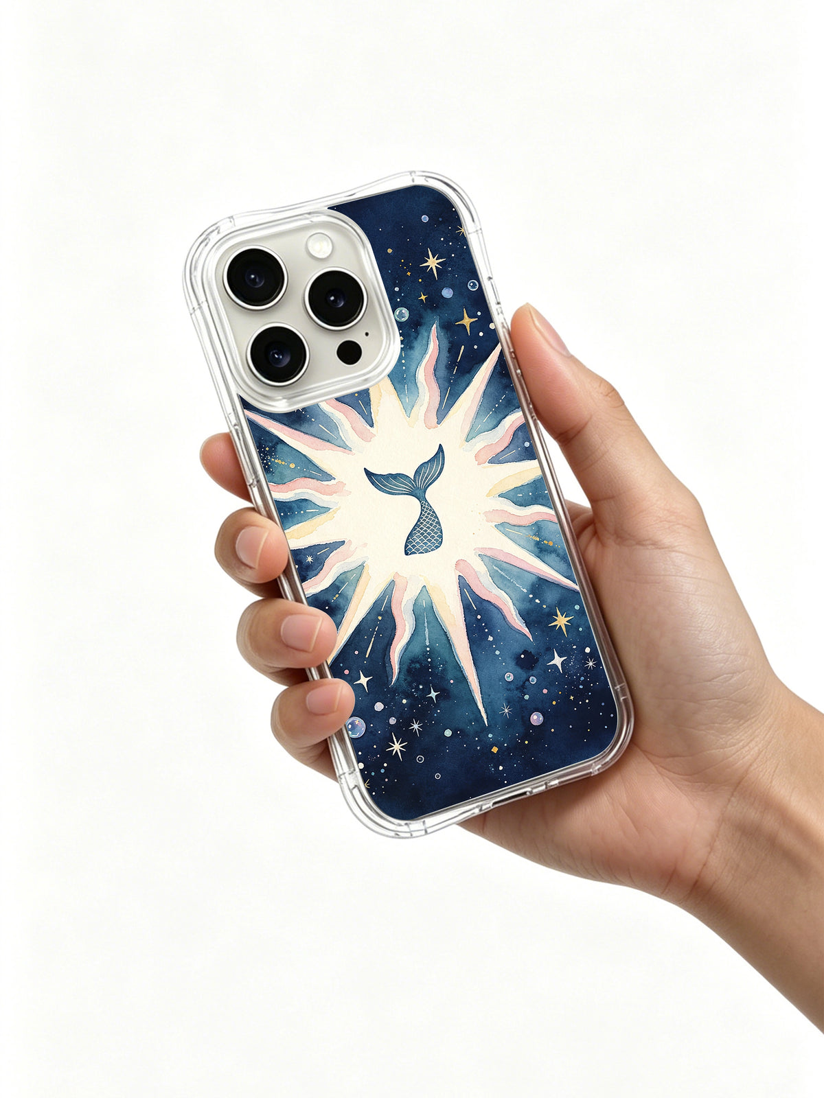 Hand holding the featured Cosmic Whale Tail case