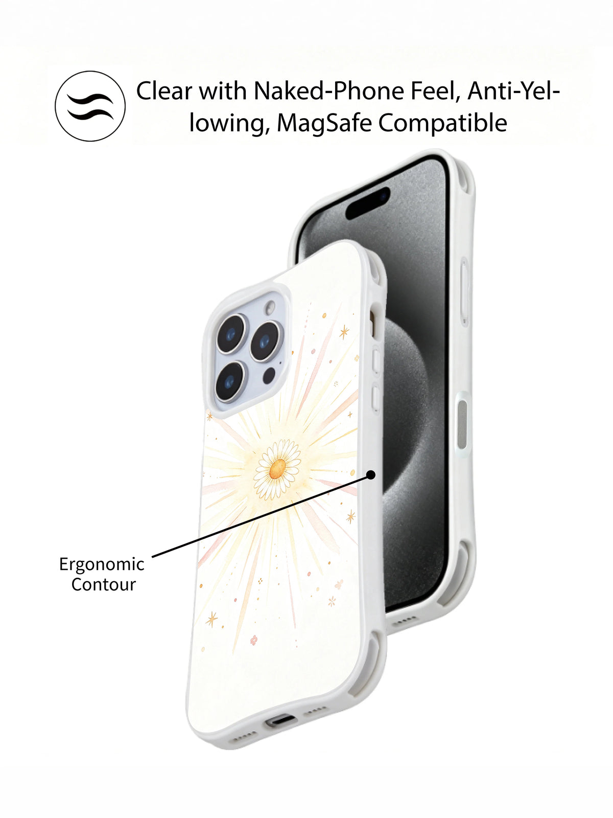 Case and phone beside clear-feel, anti-yellowing, MagSafe and contour claims